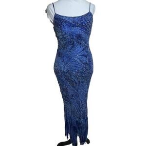 Cassandra Stone Y2K Vintage Beaded Sequined Fringe Dress Size 4 Prom Formal Gown